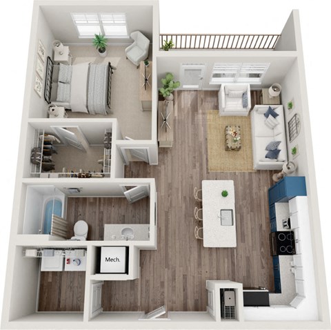 Floor plan for 1 bed, 1 bath, 788 sqft